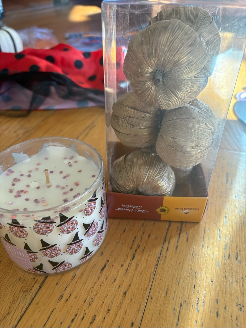 Gold Decorative Raffia pumpkin vase filler - Set of 6& Halloween candle-New!